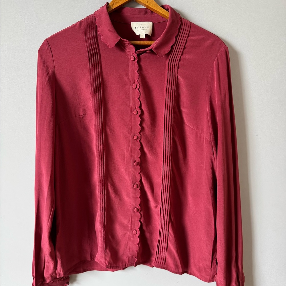 Sezane Red Button Down Silk Blouse with Scalloped Collar
